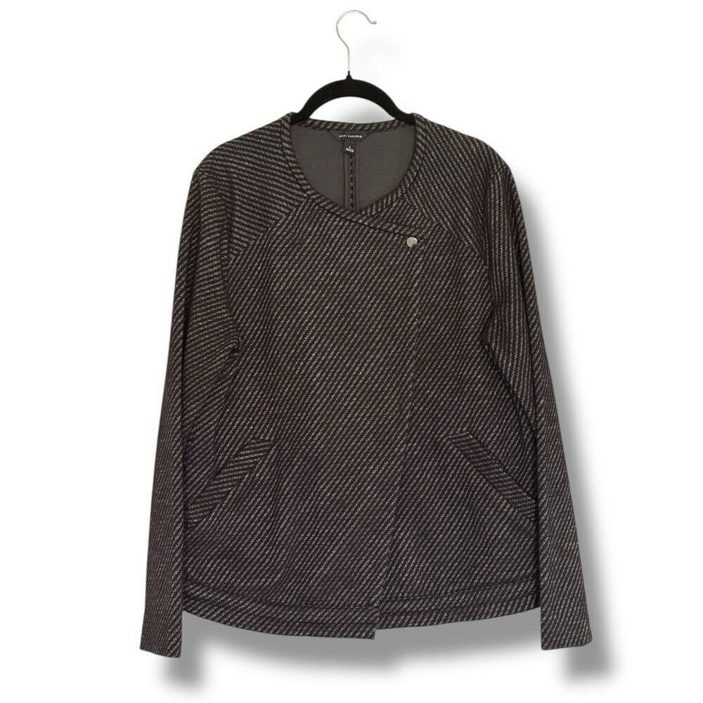 Ann Taylor Jacket Womens Large Black Gray Stripe Moto Tweed Business Career